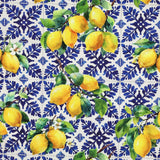 Margo Printed Cotton Viscose Dressmaking Fabric - Lemon & Blue Tile