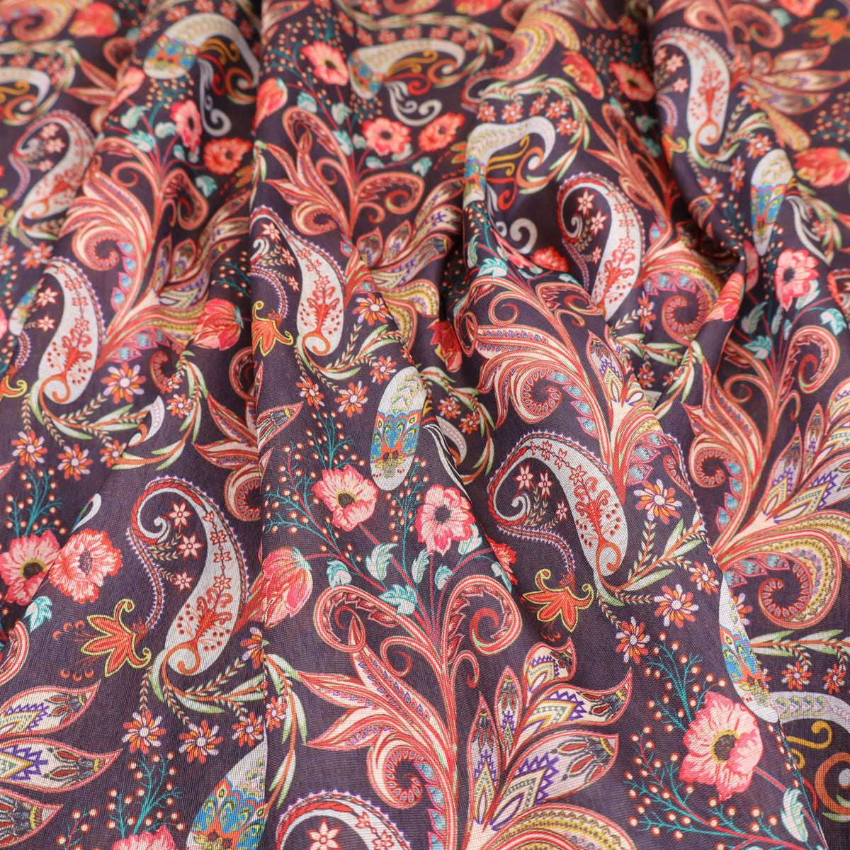 May Printed Mango Faux Silk Dressmaking Fabric - Black Paisley