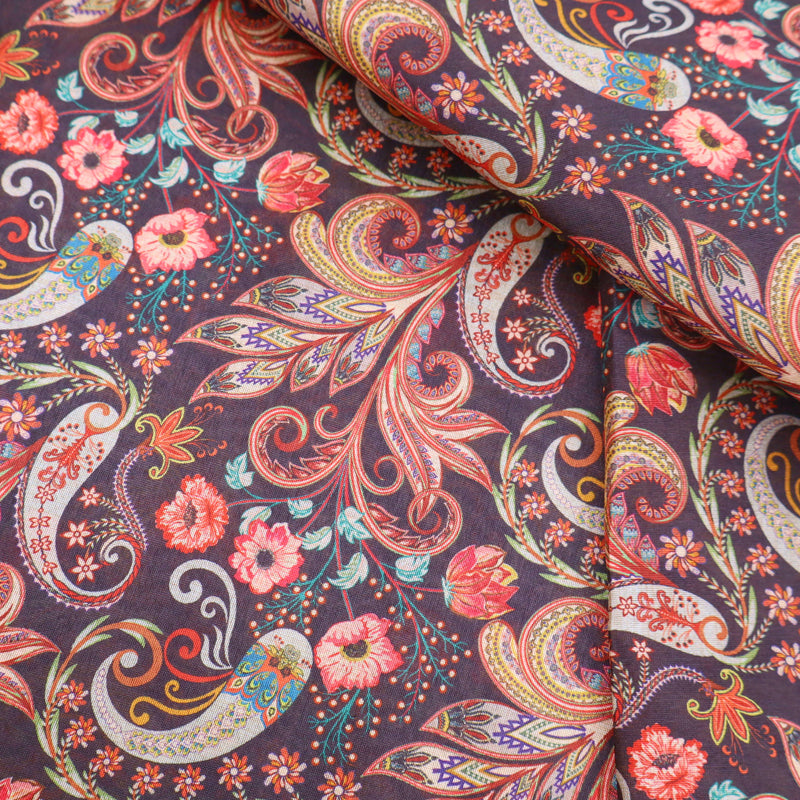 May Printed Mango Faux Silk Dressmaking Fabric - Black Paisley