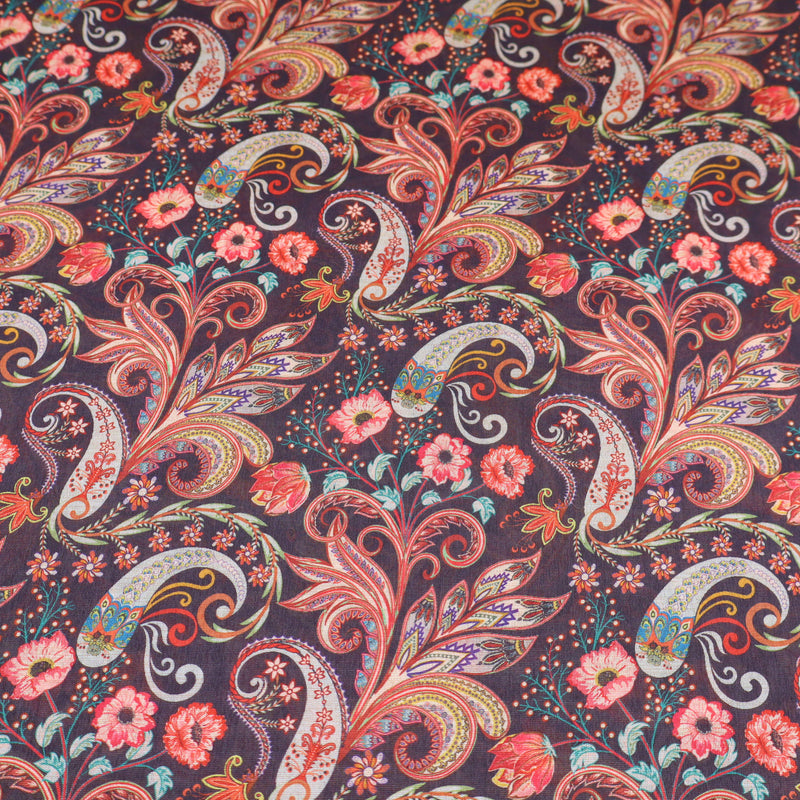 May Printed Mango Faux Silk Dressmaking Fabric - Black Paisley