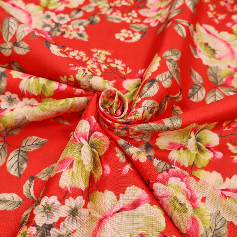 May Printed Mango Faux Silk Dressmaking Fabric - Flowers on Red