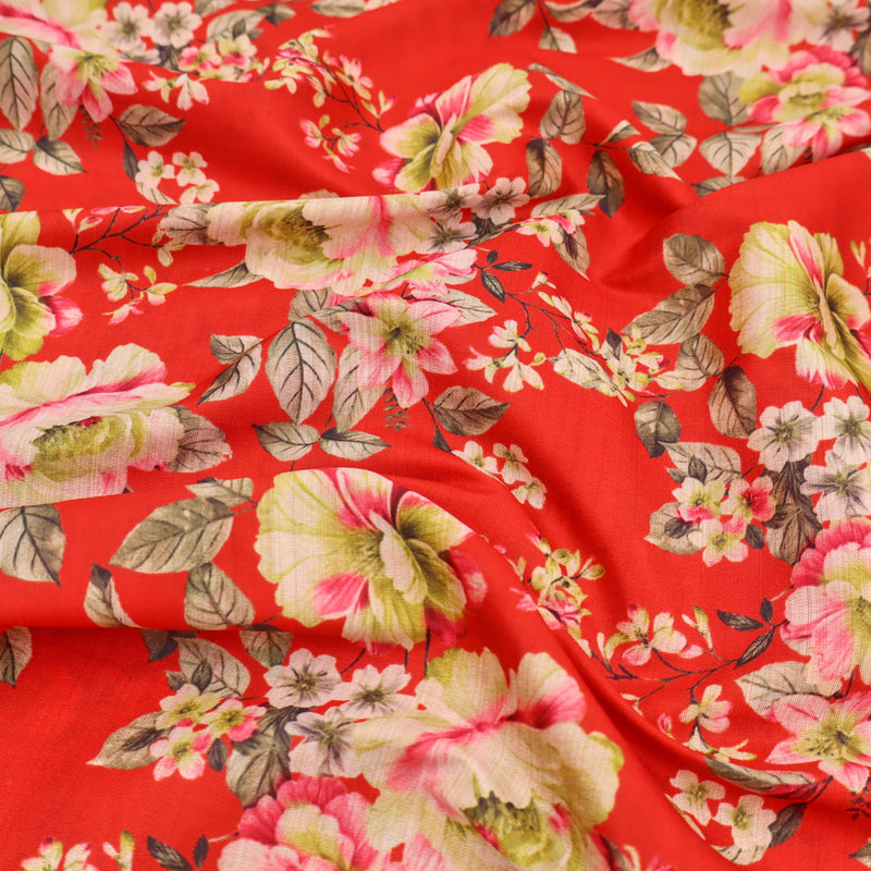 May Printed Mango Faux Silk Dressmaking Fabric - Flowers on Red