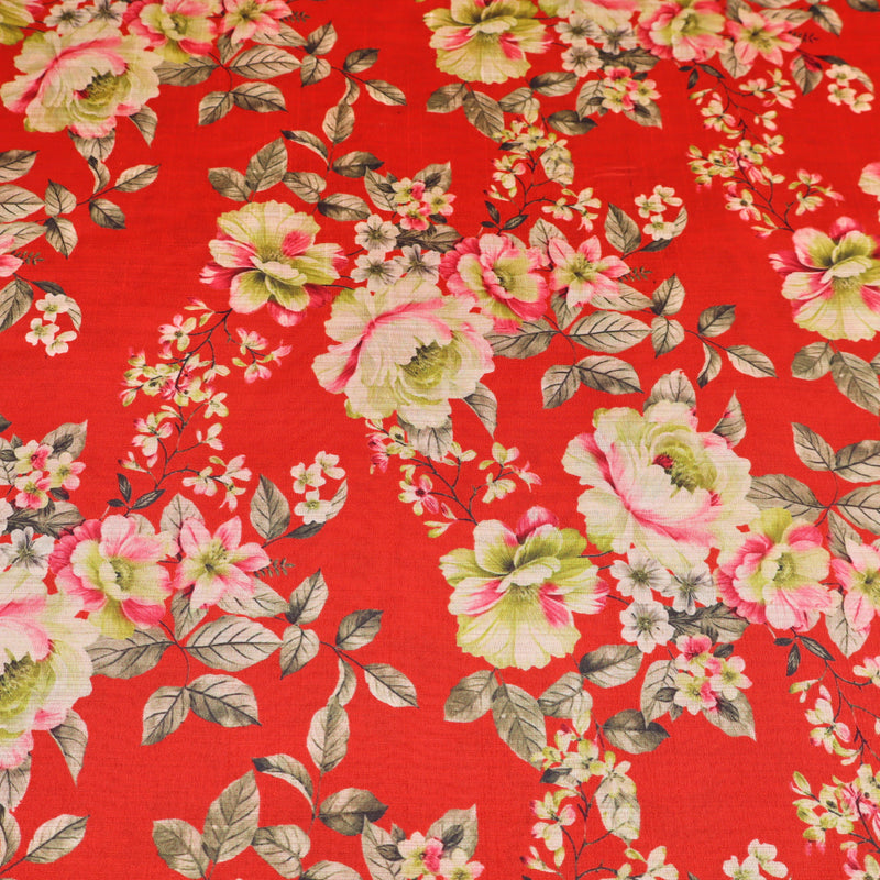 May Printed Mango Faux Silk Dressmaking Fabric - Flowers on Red