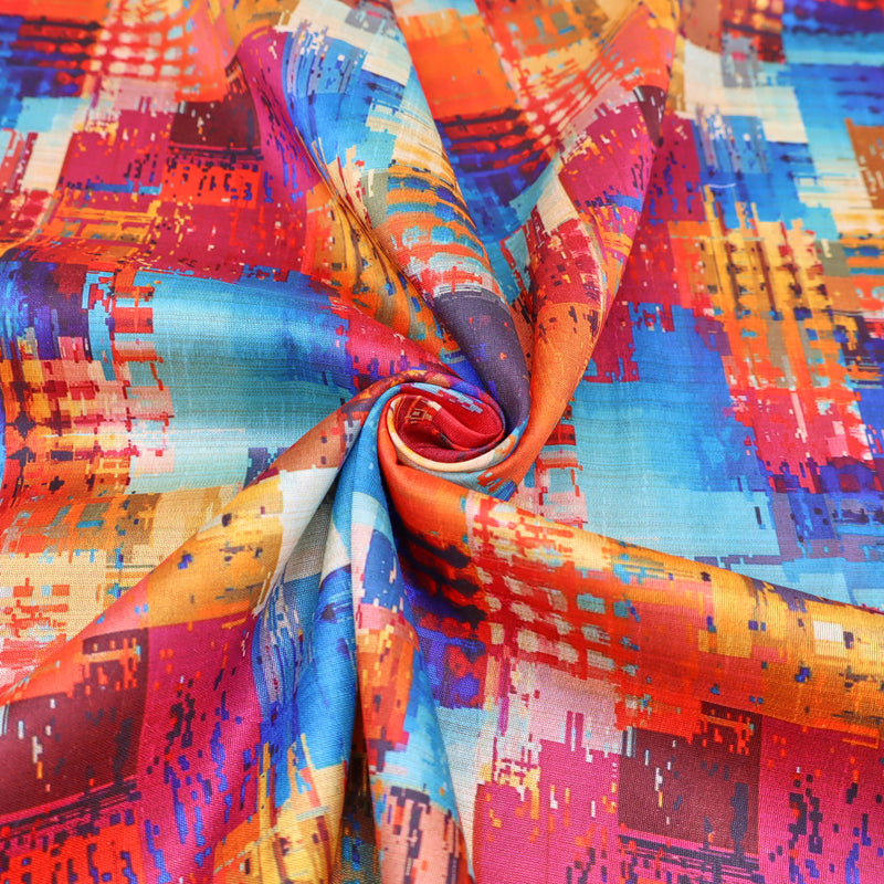 May Printed Mango Faux Silk Dressmaking Fabric - Patchwork Squares