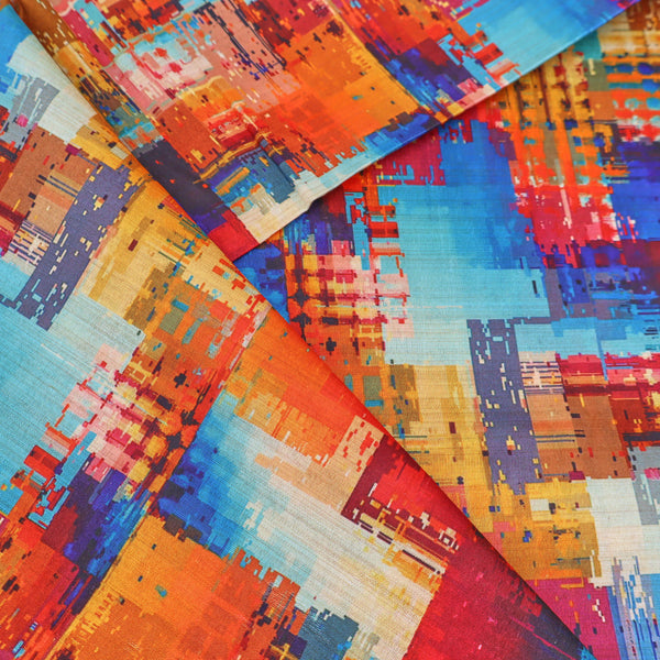 May Printed Mango Faux Silk Dressmaking Fabric - Patchwork Squares