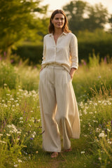 Moira Woven Viscose Linen Stripe Shirt Fabric - Beige