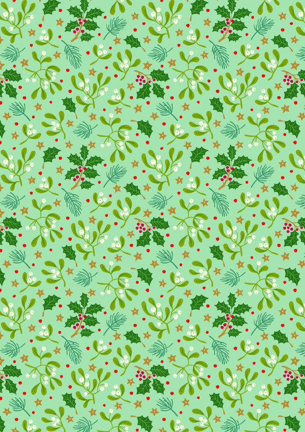 Lewis and Irene Christmas All is Bright by Stuart Hillard Cotton Quilting Patchwork Craft Pre Shrunk Fabric - Mistletoe on Duck Egg