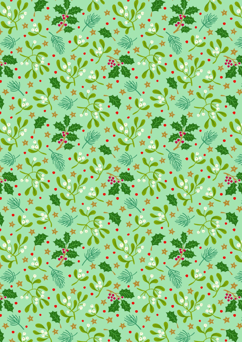 Lewis and Irene Christmas All is Bright by Stuart Hillard Cotton Quilting Patchwork Craft Pre Shrunk Fabric - Mistletoe on Duck Egg