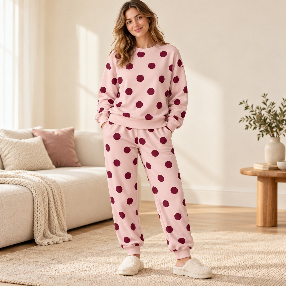 Polka Dot Printed French Terry Loungewear Fabric - Burgundy