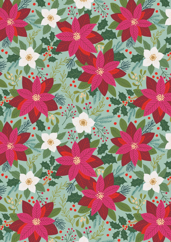 Lewis and Irene Christmas All is Bright by Stuart Hillard Cotton Quilting Patchwork Craft Pre Shrunk Fabric - Poinsettia on Duck Egg