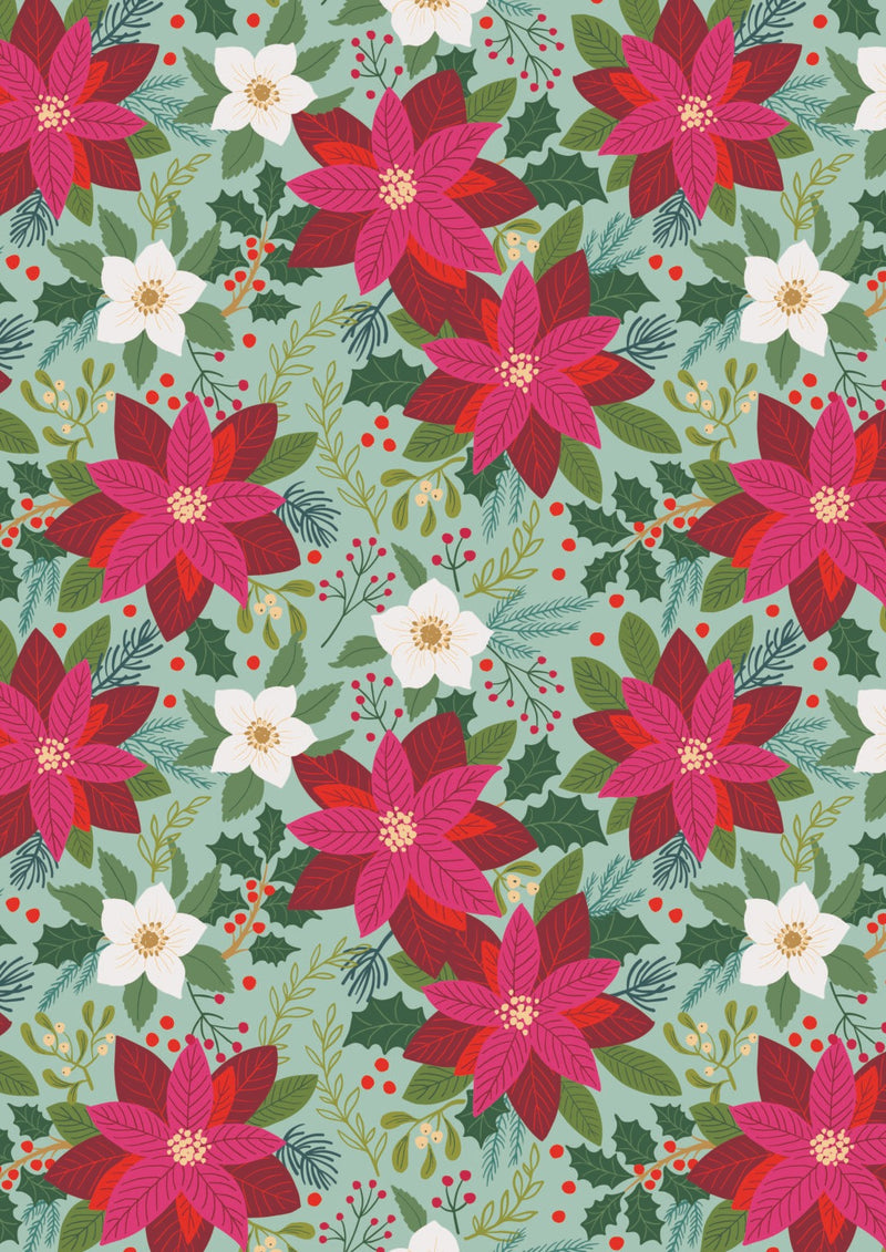 Lewis and Irene Christmas All is Bright by Stuart Hillard Cotton Quilting Patchwork Craft Pre Shrunk Fabric - Poinsettia on Duck Egg