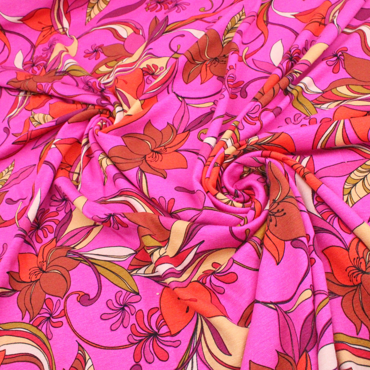 Retro 70s Viscose Jersey Flowers - Hot Pink