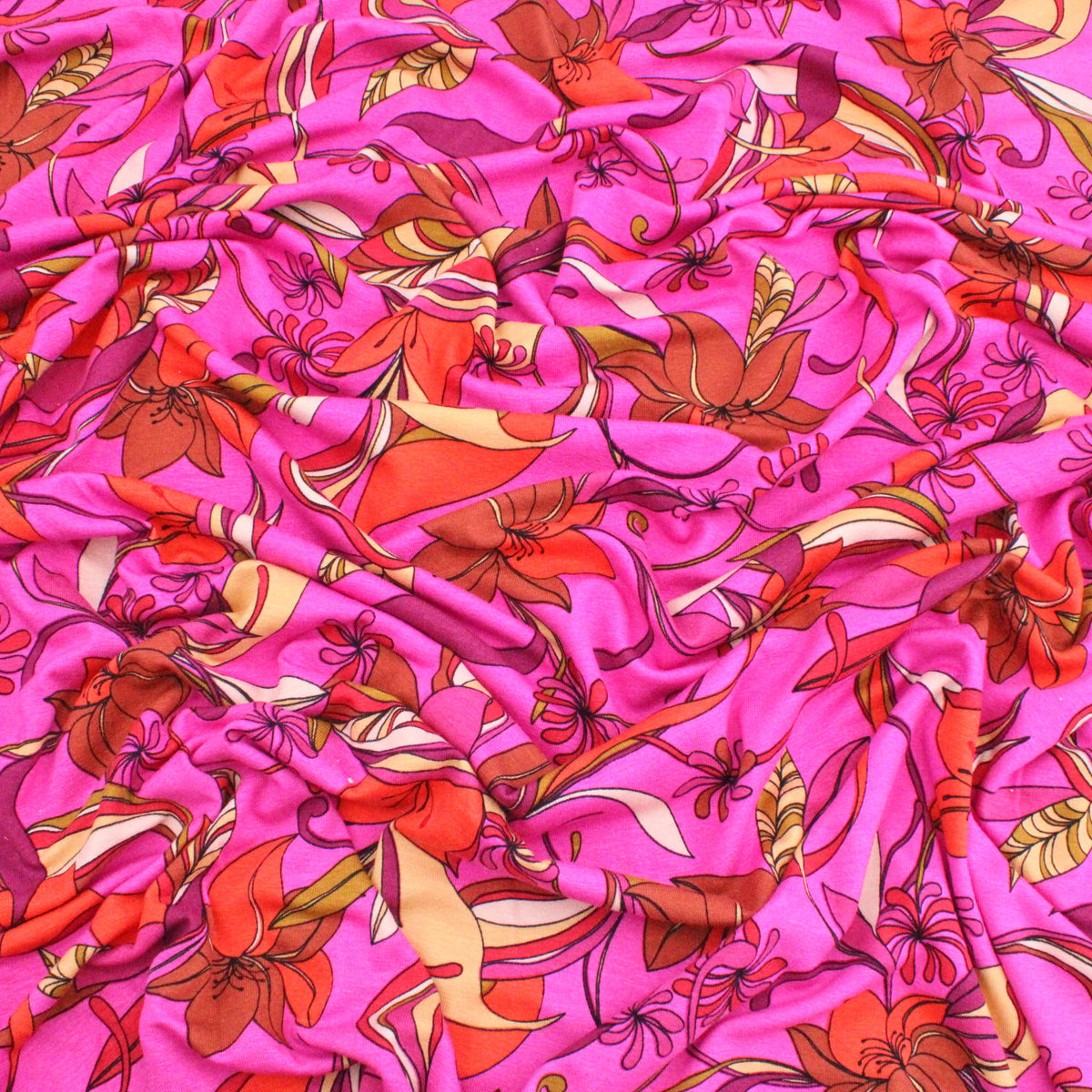Retro 70s Viscose Jersey Flowers - Hot Pink
