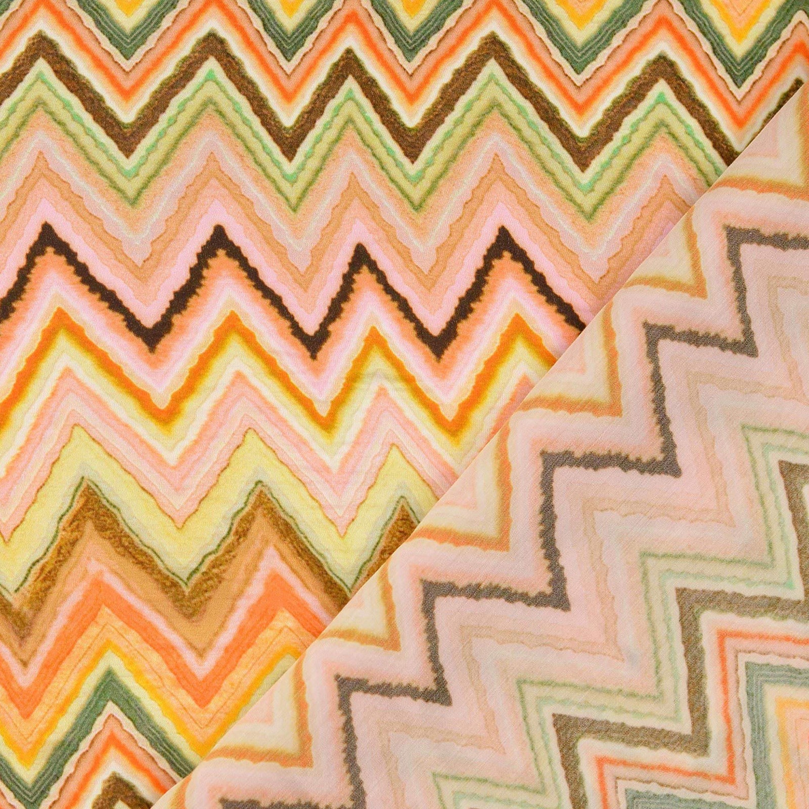 Retro Zig Zag Satin Viscose Dressmaking Fabric - Peach