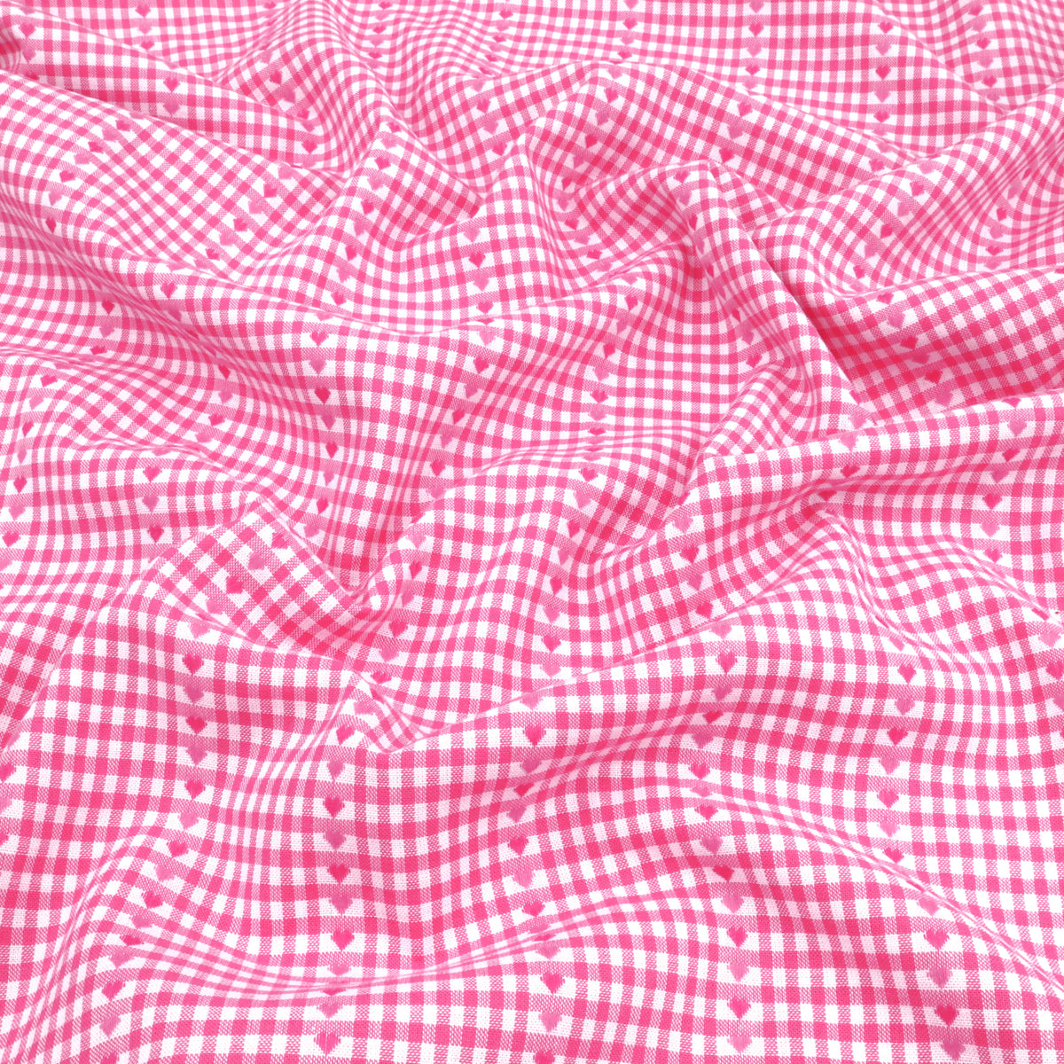 Reversible Gingham Cotton Jacquard Dressmaking Fabric - Pink Hearts