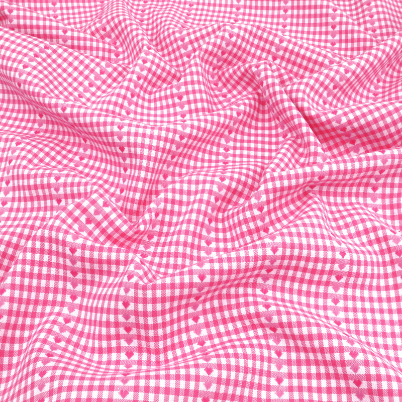 Reversible Gingham Cotton Jacquard Dressmaking Fabric - Pink Hearts