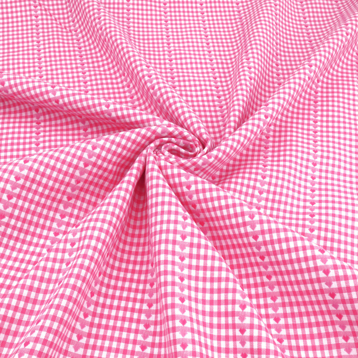 Reversible Gingham Cotton Jacquard Dressmaking Fabric - Pink Hearts