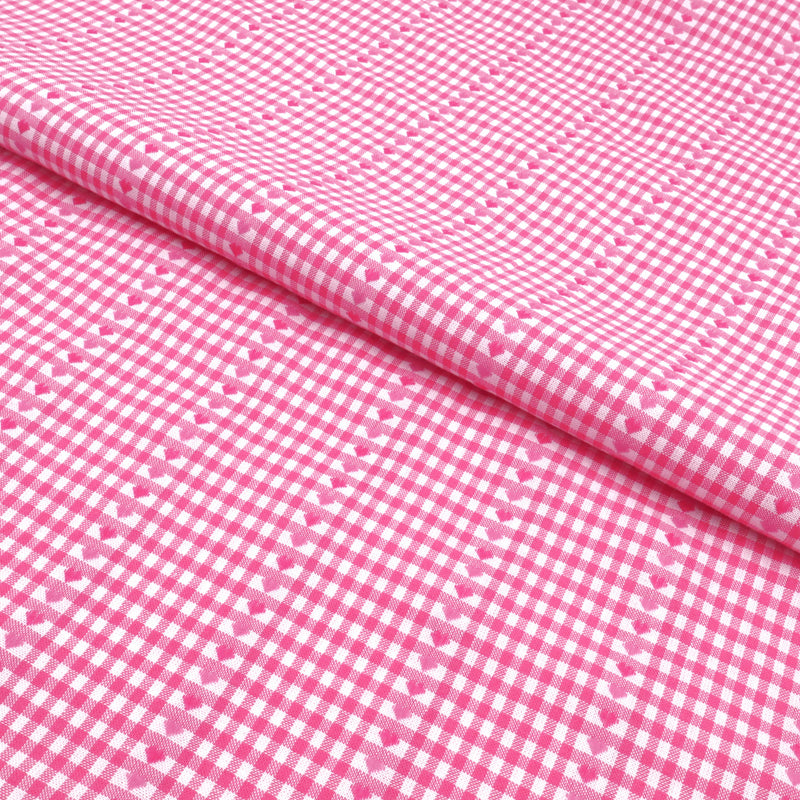 Reversible Gingham Cotton Jacquard Dressmaking Fabric - Pink Hearts