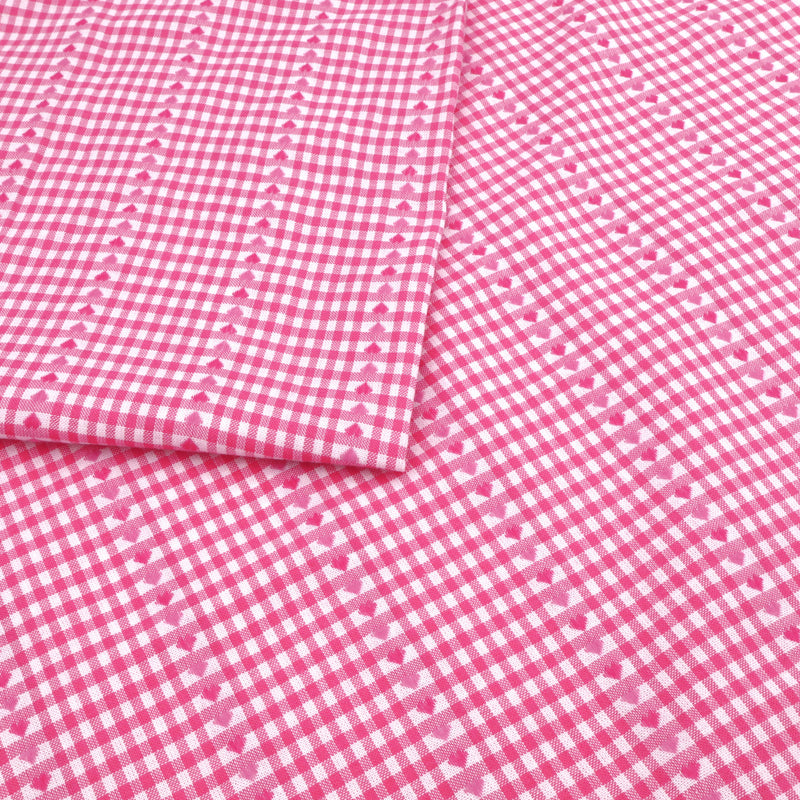 Reversible Gingham Cotton Jacquard Dressmaking Fabric - Pink Hearts