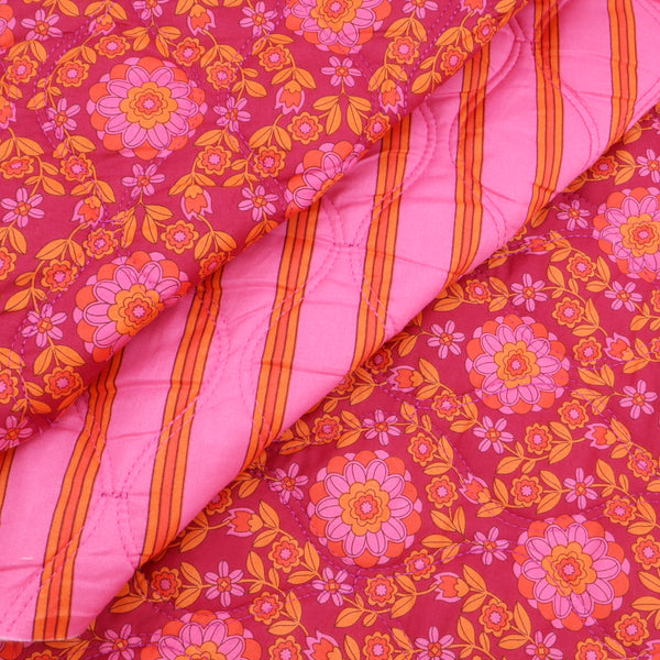 Reversible Quilted Cotton Voile Stepped Jacketing Fabric  - Pink & Orange Flowers