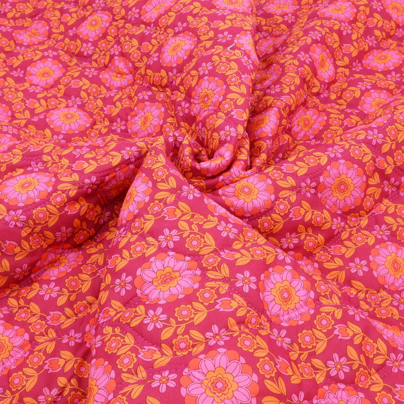 Reversible Quilted Cotton Voile Stepped Jacketing Fabric  - Pink & Orange Flowers