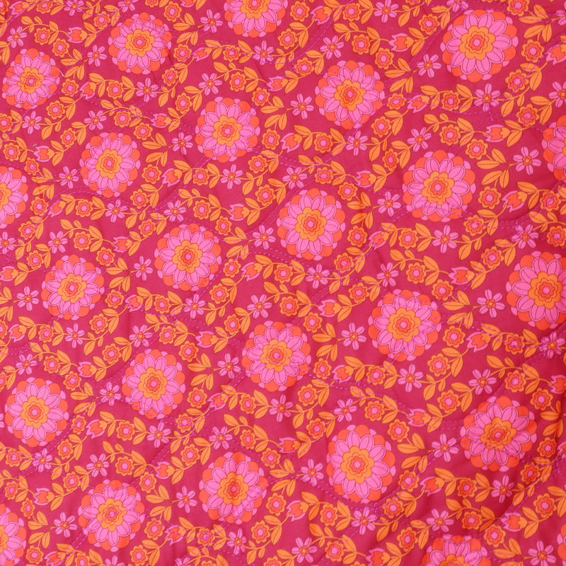Reversible Quilted Cotton Voile Stepped Jacketing Fabric  - Pink & Orange Flowers