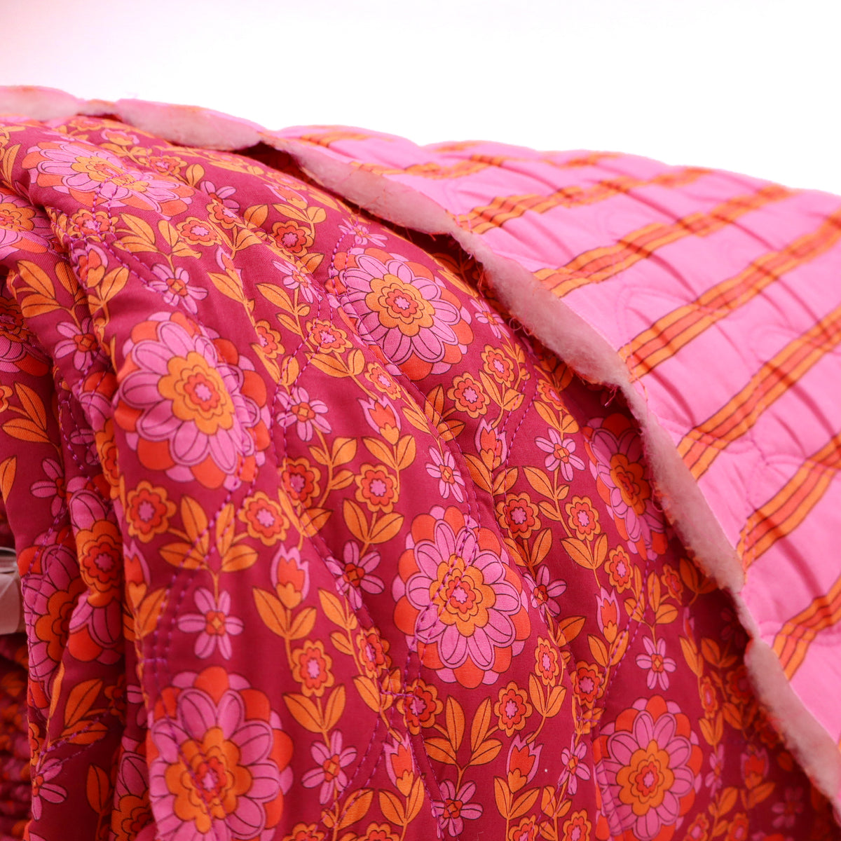 Reversible Quilted Cotton Voile Stepped Jacketing Fabric  - Pink & Orange Flowers