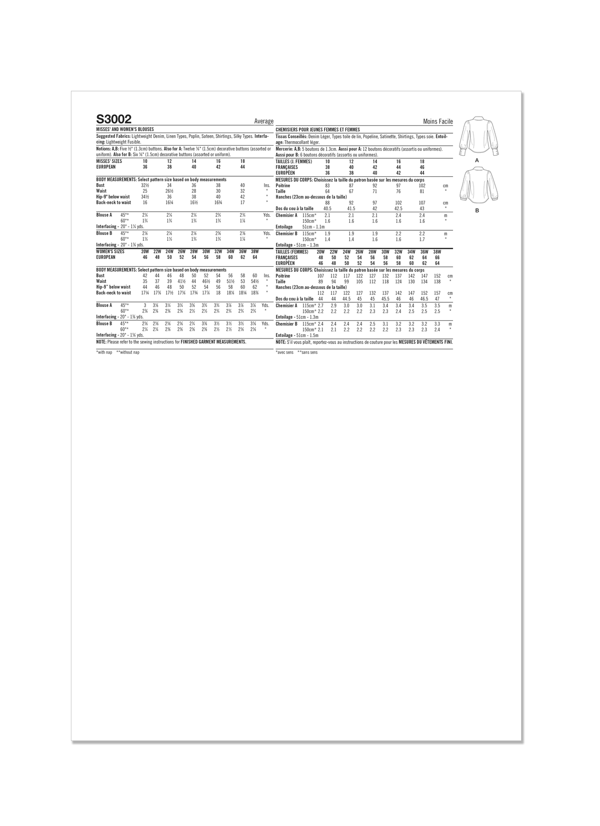 Simplicity Misses & Women's Blouses Sewing Pattern Guide S3002