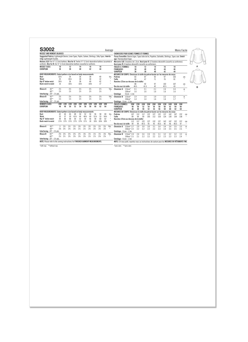 Simplicity Misses & Women's Blouses Sewing Pattern Guide S3002