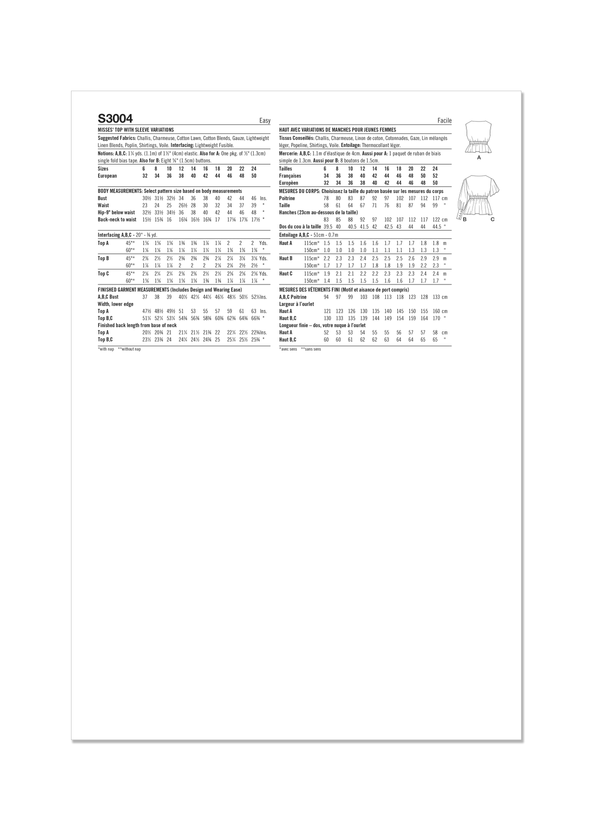 Simplicity Misses Top with Sleeve Variations Sewing Pattern S3004