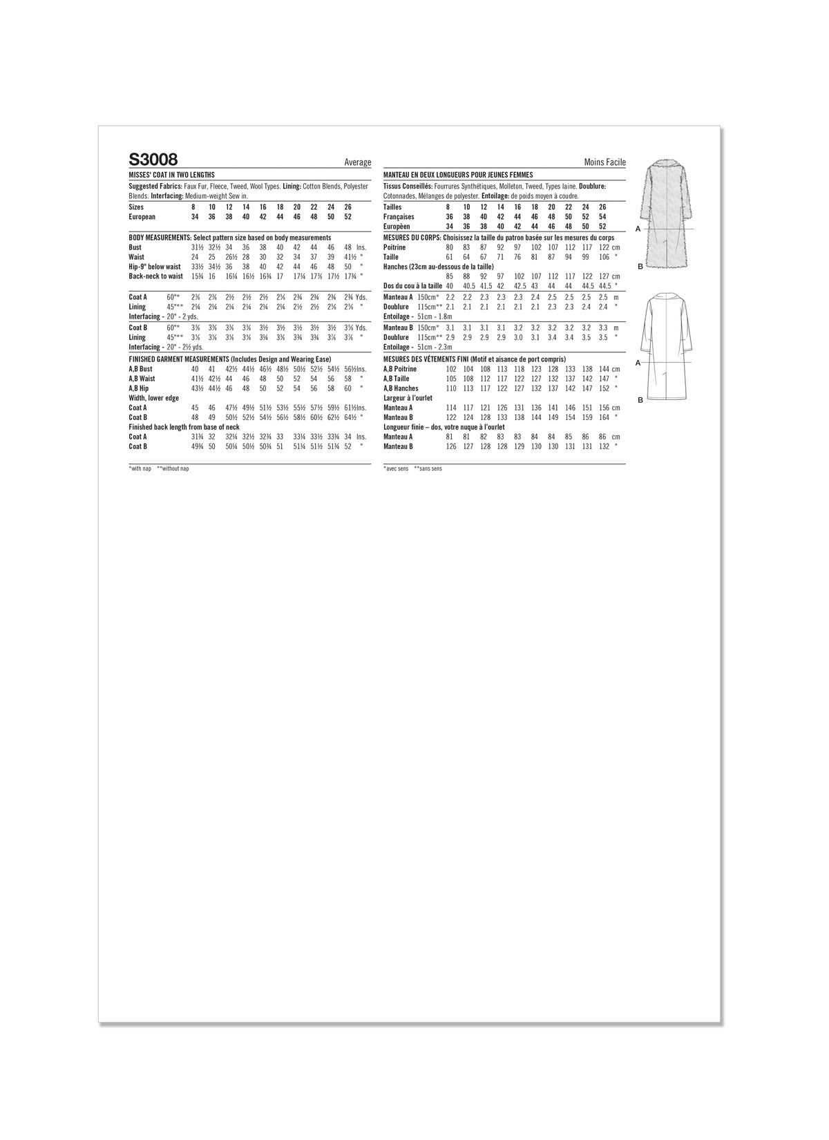 Simplicity Misses Coat in Two Lengths Sewing Pattern S3008