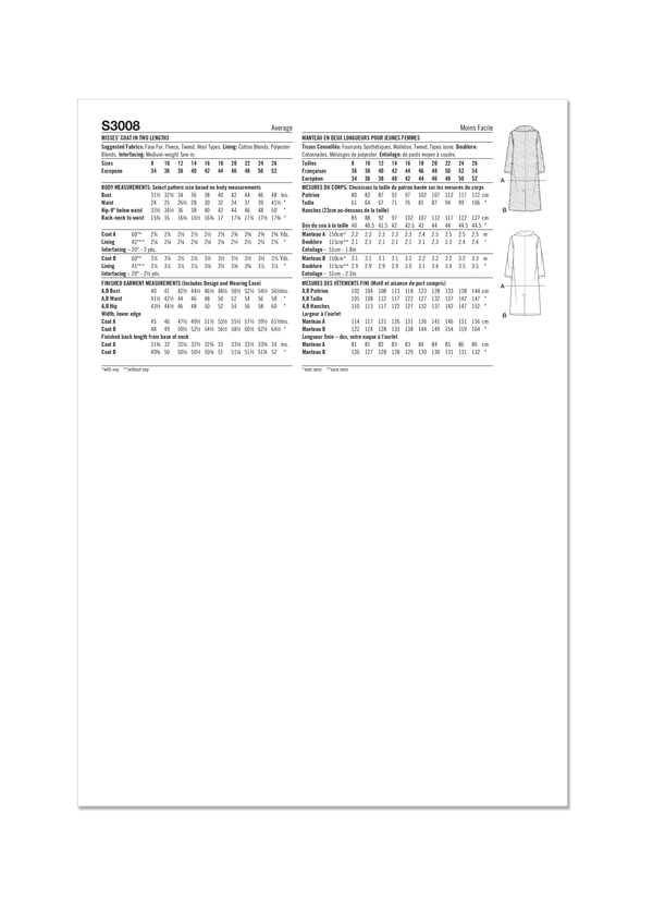Simplicity Misses Coat in Two Lengths Sewing Pattern S3008