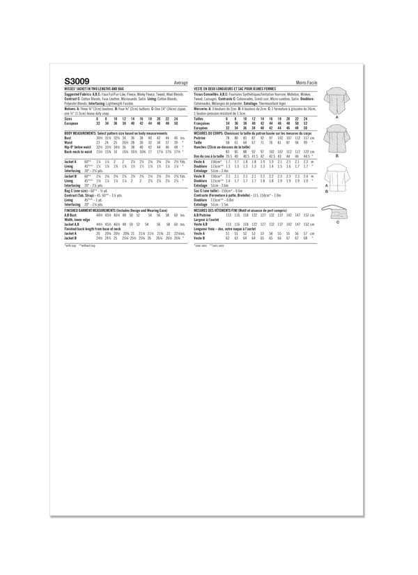 Simplicity Misses Jacket & Bag Sewing Pattern in Two Lengths S3009