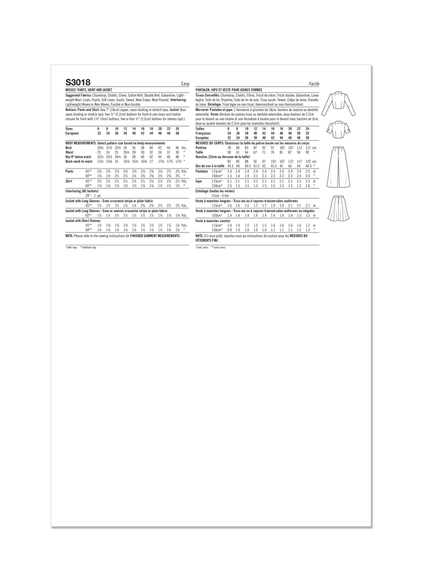 Simplicity Misses Pants, Skirt and Jacket Sewing Pattern S3018