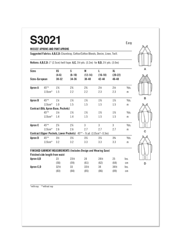 Simplicity Misses Aprons & Pant Aprons Sewing Pattern S3021A