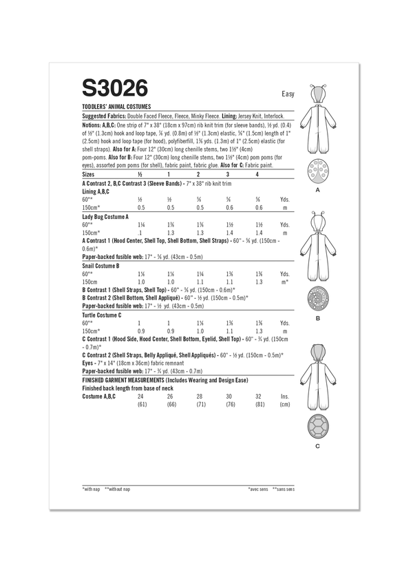 Simplicity Toddlers' Animal Costumes Sewing Pattern S3026A