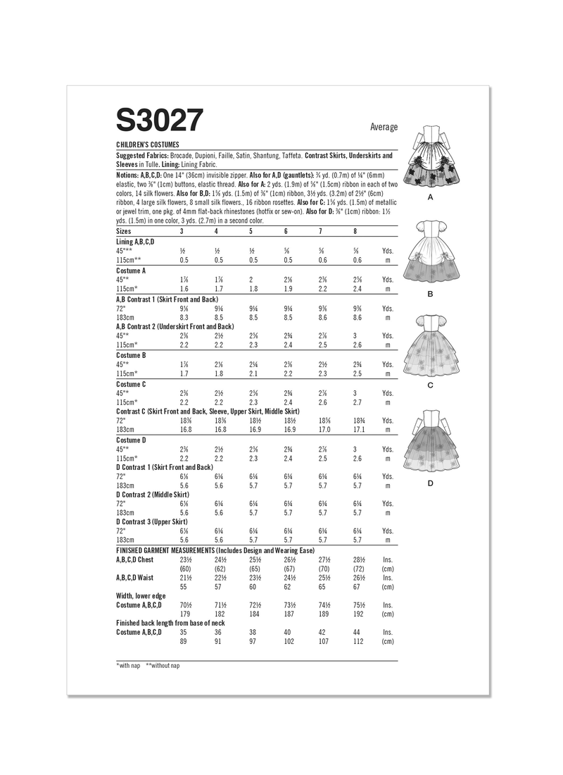 Simplicity Children's Costumes Sewing Pattern Guide S3027A