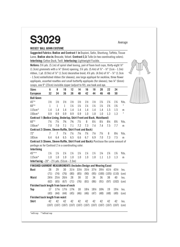 Simplicity Misses Ball Gown Costume Sewing Pattern S3029