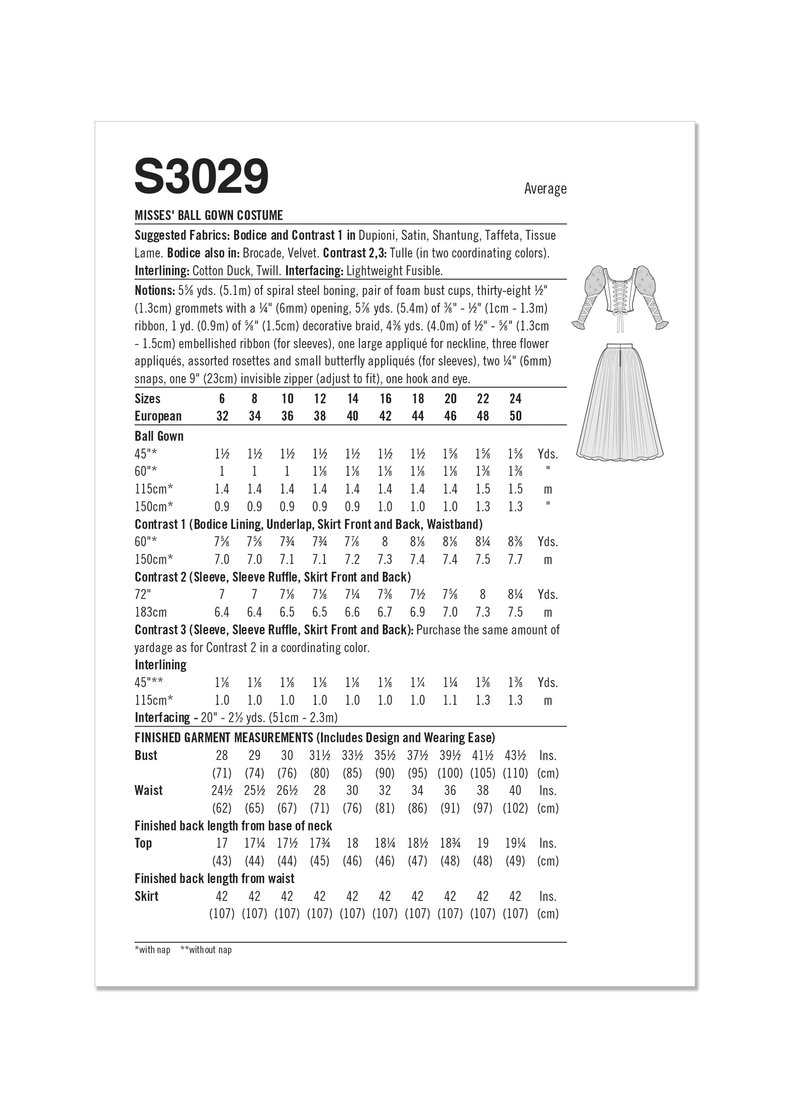 Simplicity Misses Ball Gown Costume Sewing Pattern S3029