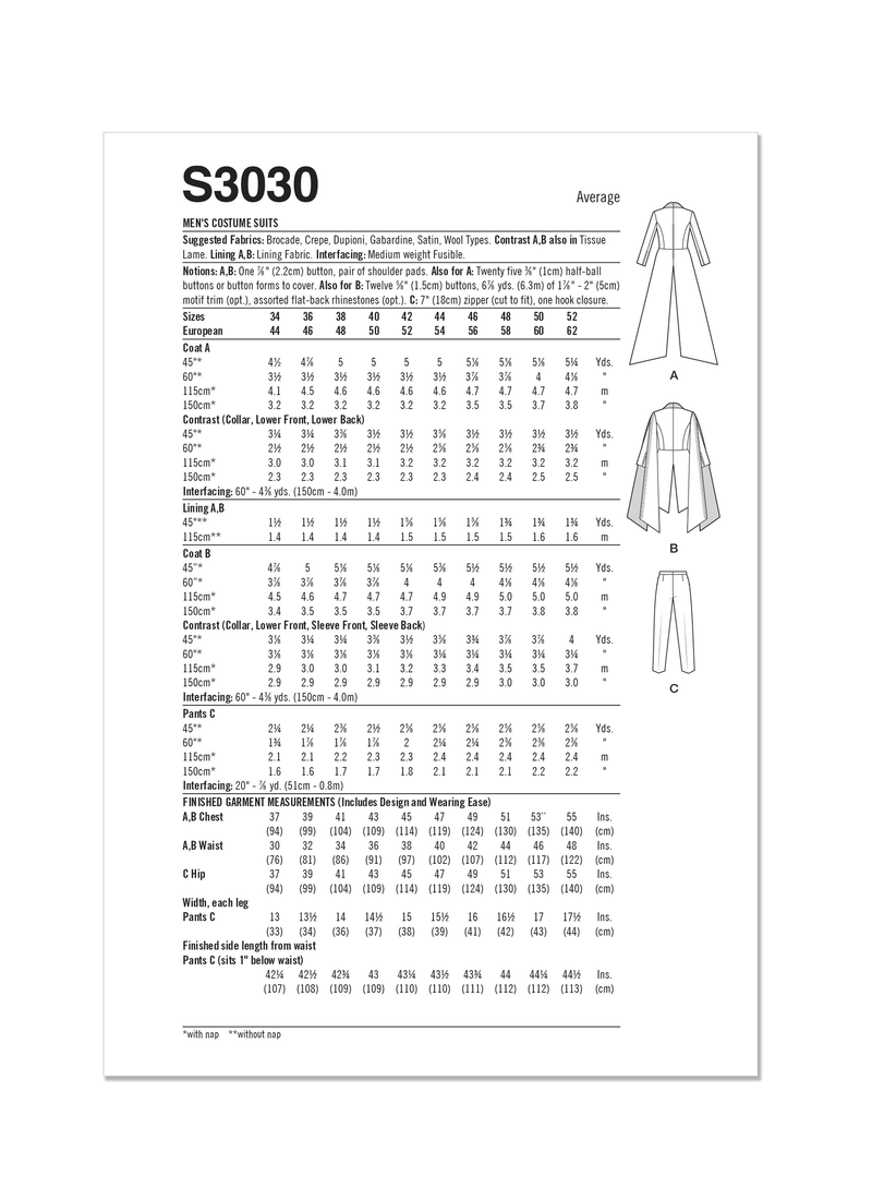 Simplicity Men's Costume Suits Sewing Pattern Guide S3030
