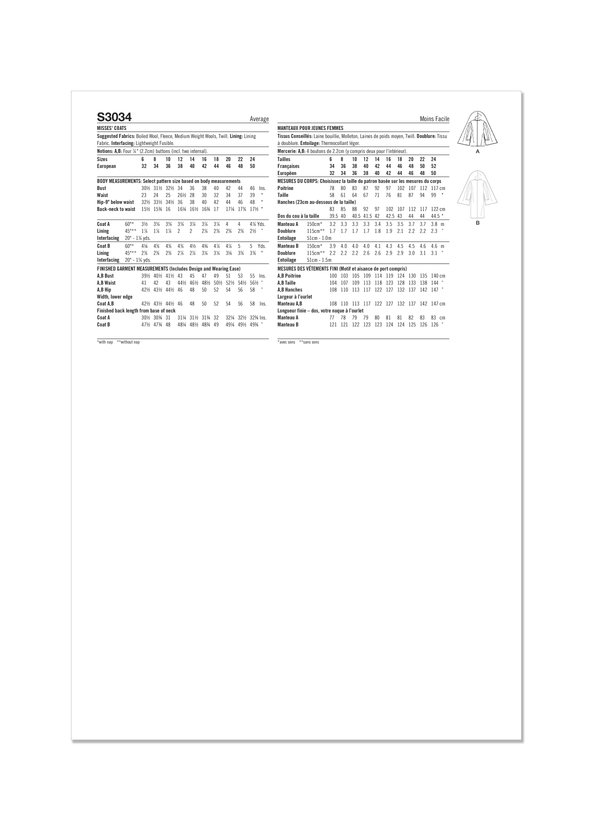 Simplicity Misses Coats Sewing Pattern for Stylish Creations S3034