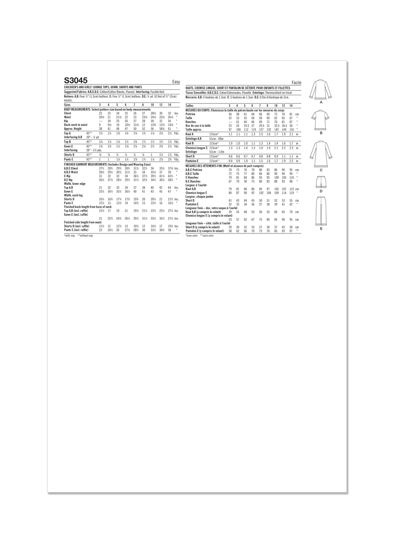Simplicity Children's Lounge Tops, Gown, Shorts & Pants Pattern S3045