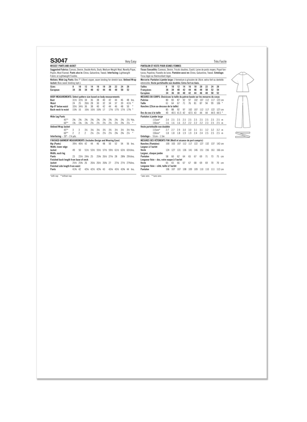 Simplicity Misses Pants and Jacket Sewing Pattern S3047