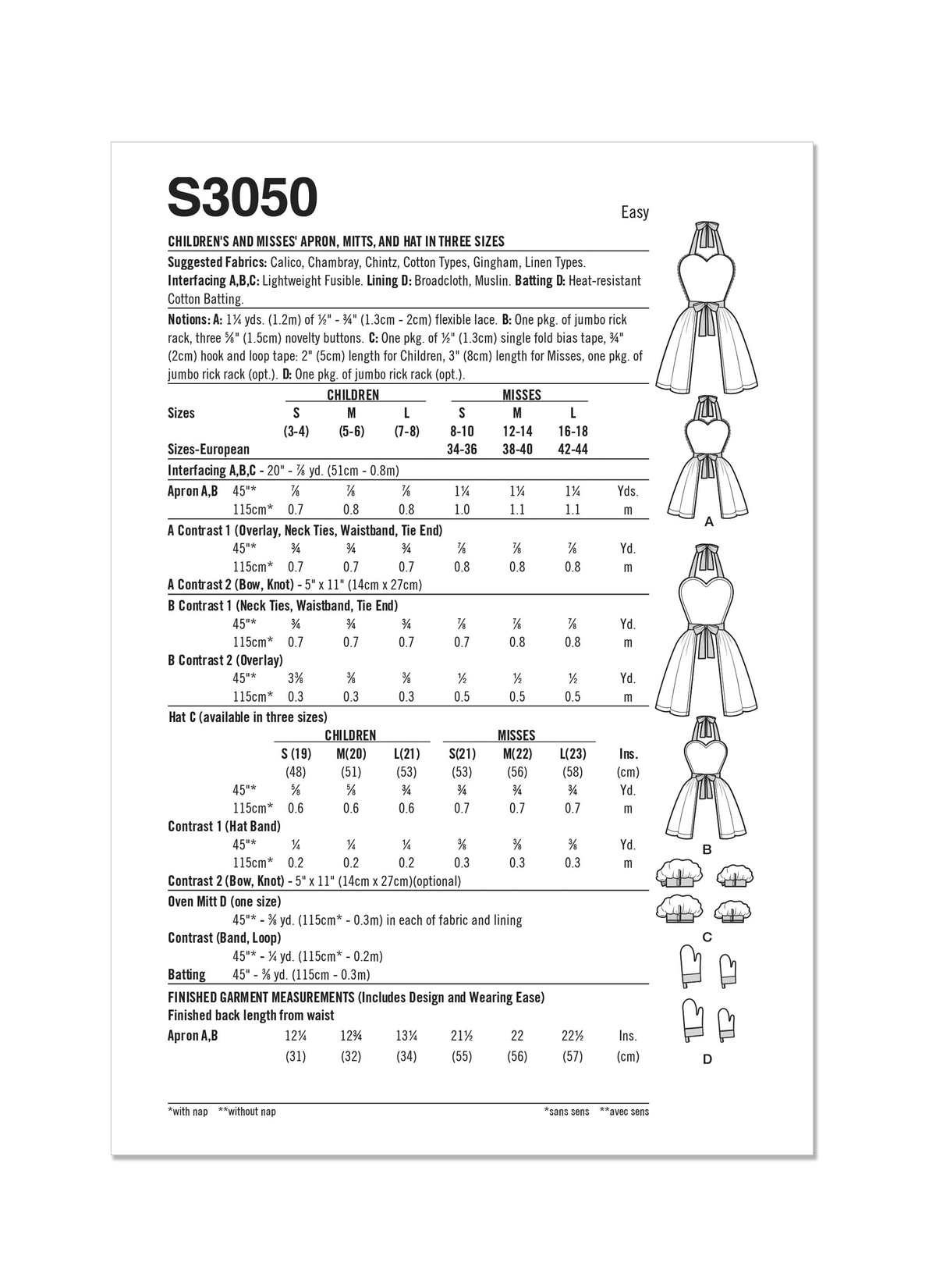 Simplicity: Children's & Misses Apron, Mitts & Hat Sewing Pattern S3050A