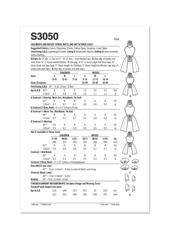 Simplicity: Children's & Misses Apron, Mitts & Hat Sewing Pattern S3050A