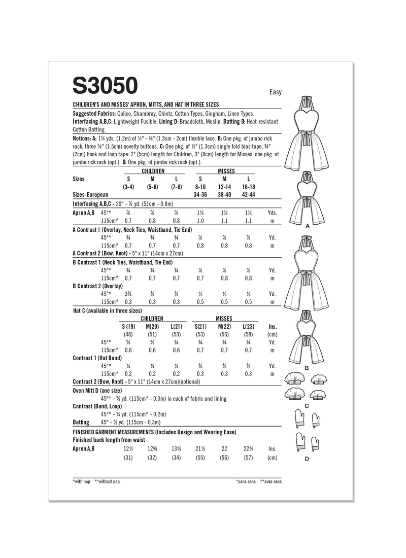 Simplicity: Children's & Misses Apron, Mitts & Hat Sewing Pattern S3050A