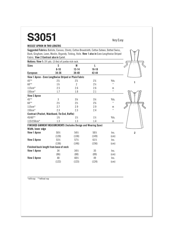 Simplicity Misses Apron in Two Lengths Sewing Pattern S3051A