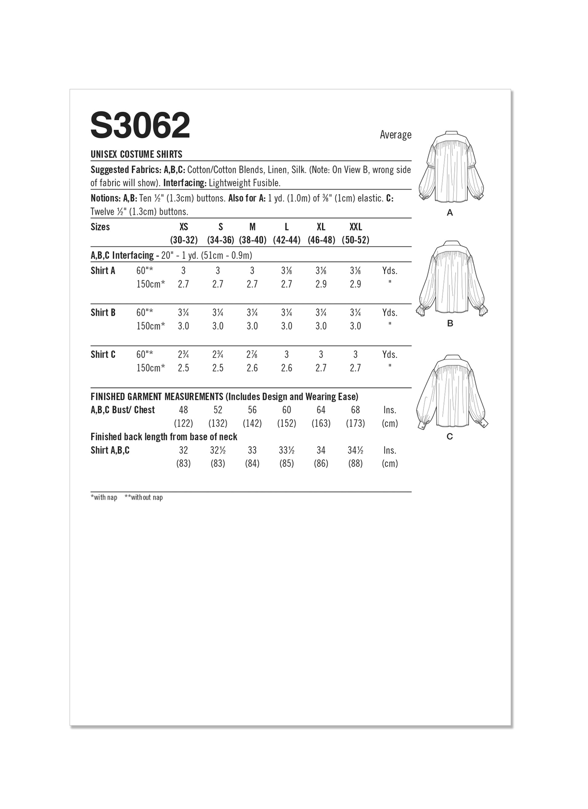Simplicity Unisex Costume Shirts Sewing Pattern Guide S3062A