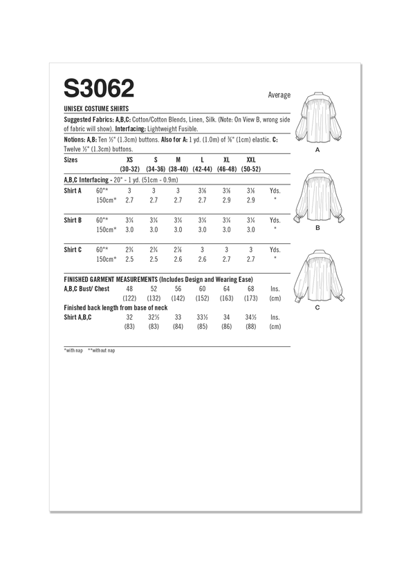 Simplicity Unisex Costume Shirts Sewing Pattern Guide S3062A