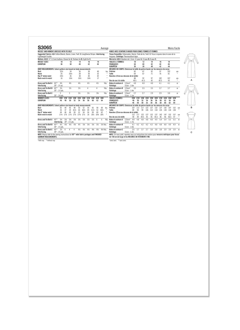 Simplicity Misses & Women's Dresses with Tie Belt Sewing Pattern S3065